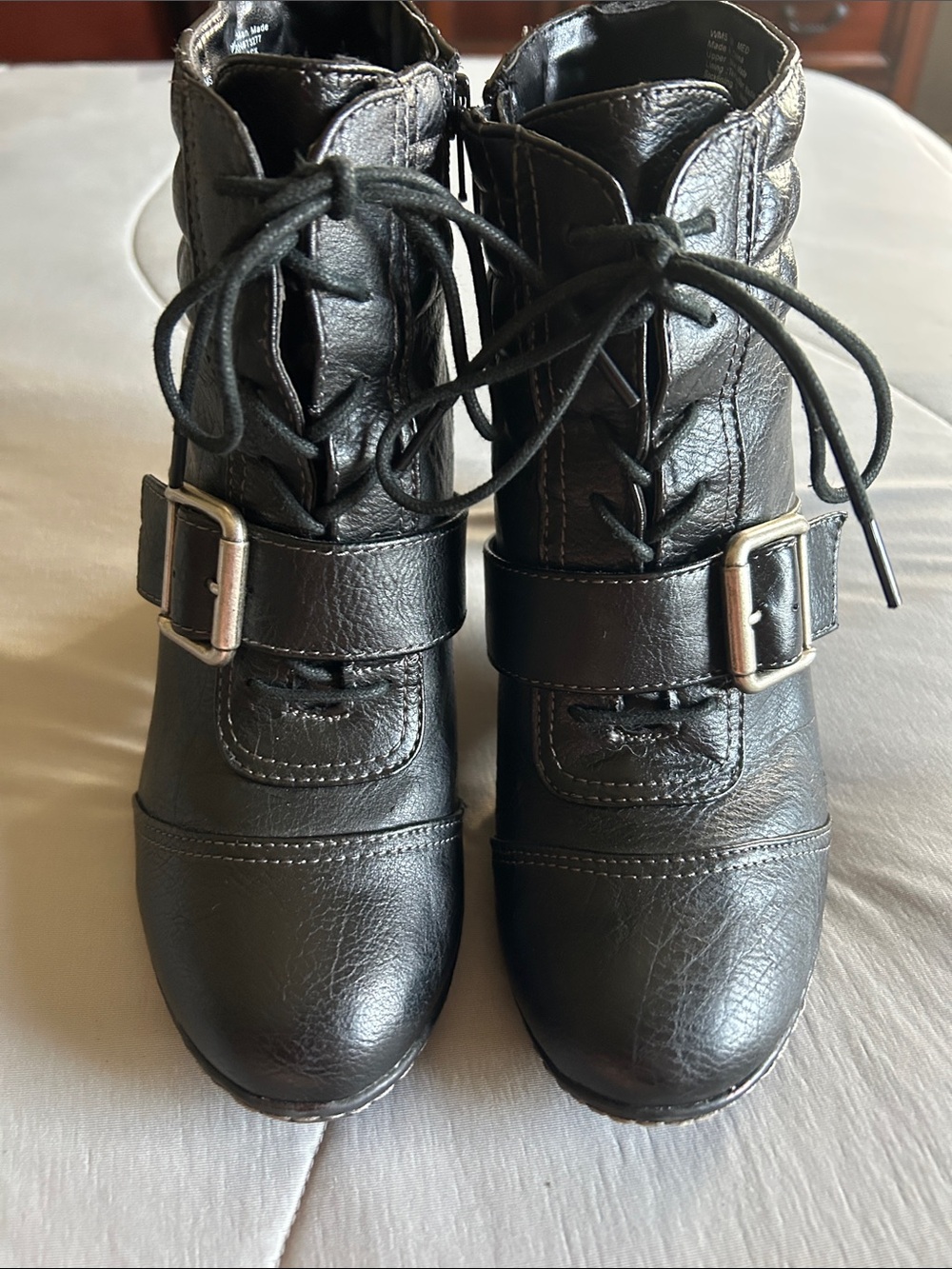 Lace-Up Black Ankle Boot with Buckle Strap